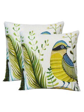 Oussum Decorative Cushion Cover Cotton Leaf & Bird Print Pillow Cover Set of 2